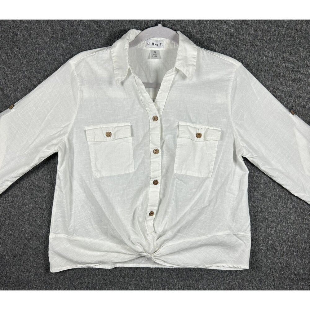 dā-sh White Cotton Roll-Tab Sleeve Front-Knot Button-Down Blouse, Size M - Picture 9 of 9